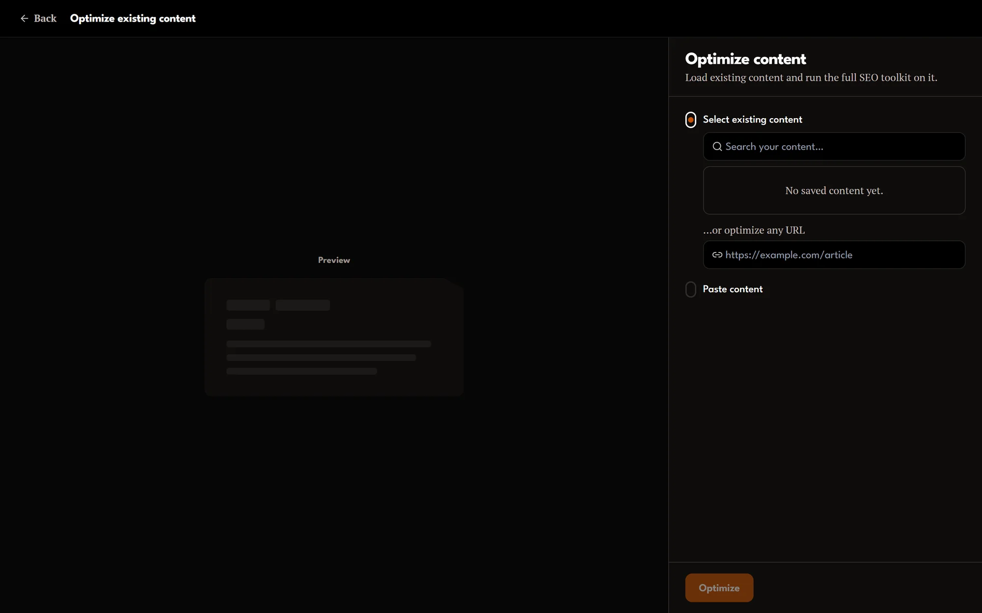 Content Optimizer loading panel: select saved content, optimise any URL, or paste content.