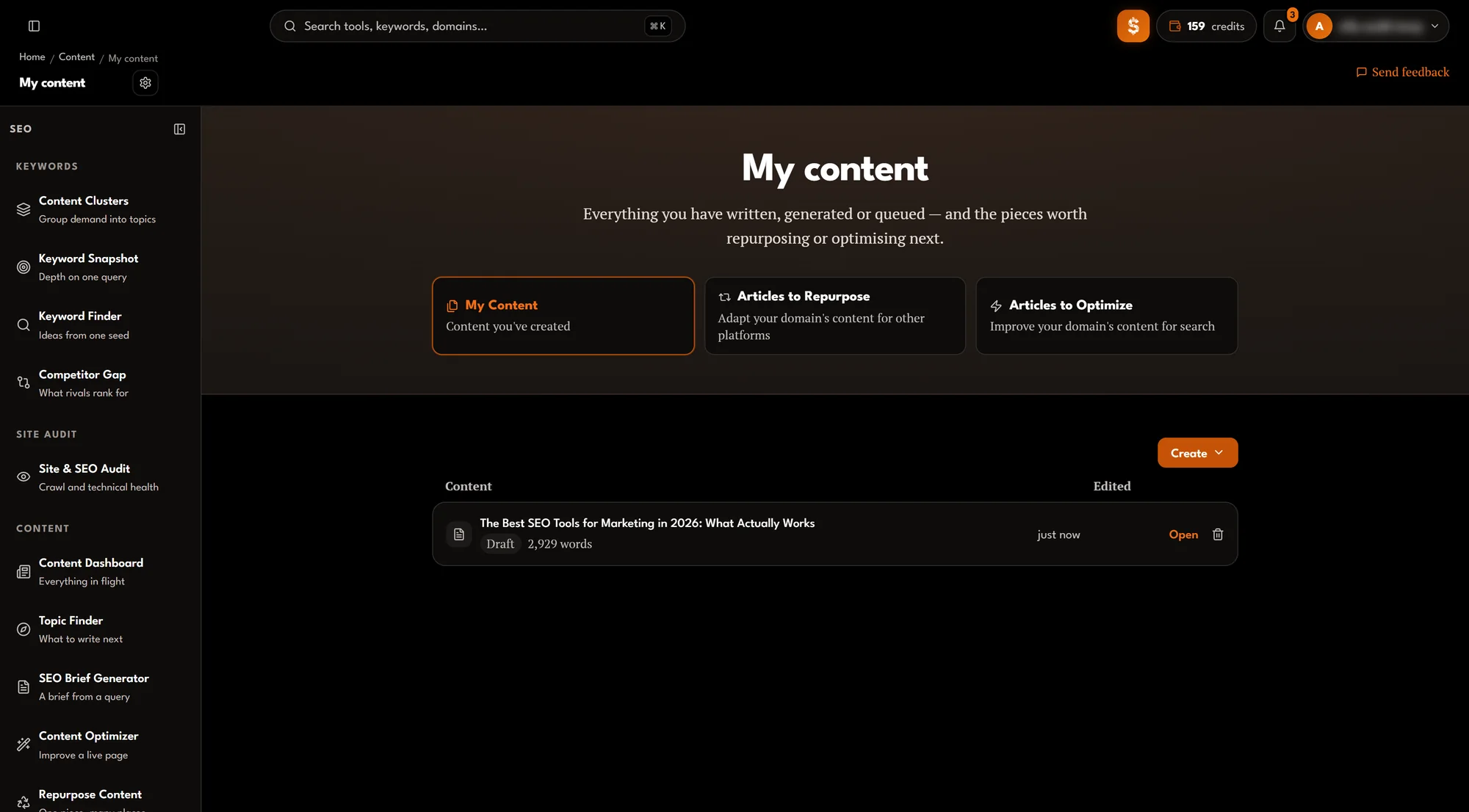 My Content library with a saved draft post, and the My Content, Articles to Repurpose and Articles to Optimize views.