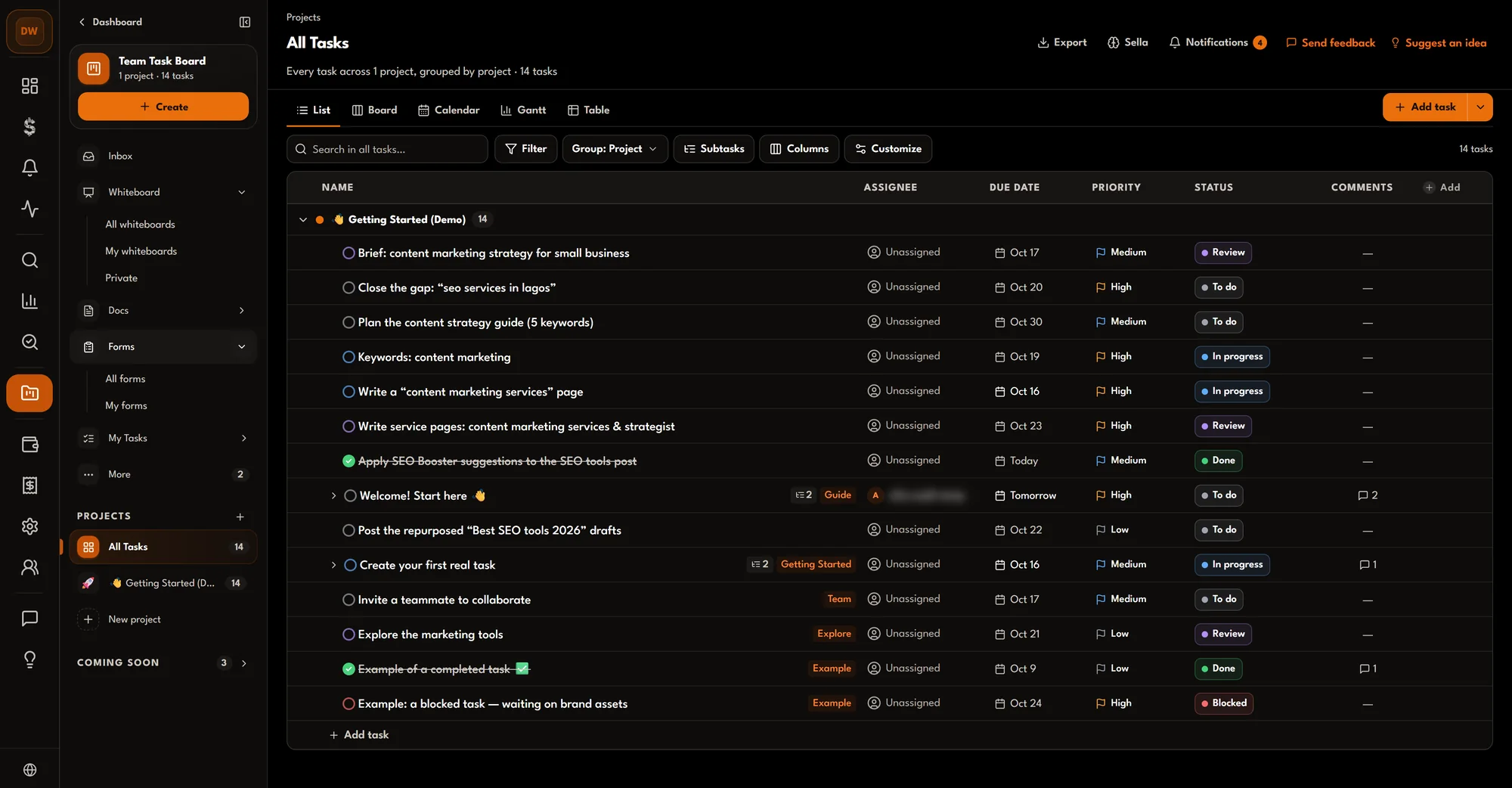Projects list view: tasks with subtasks, assignee, due date, priority, status and comments, including tasks sent from Keyword Finder and Keyword Snapshot.