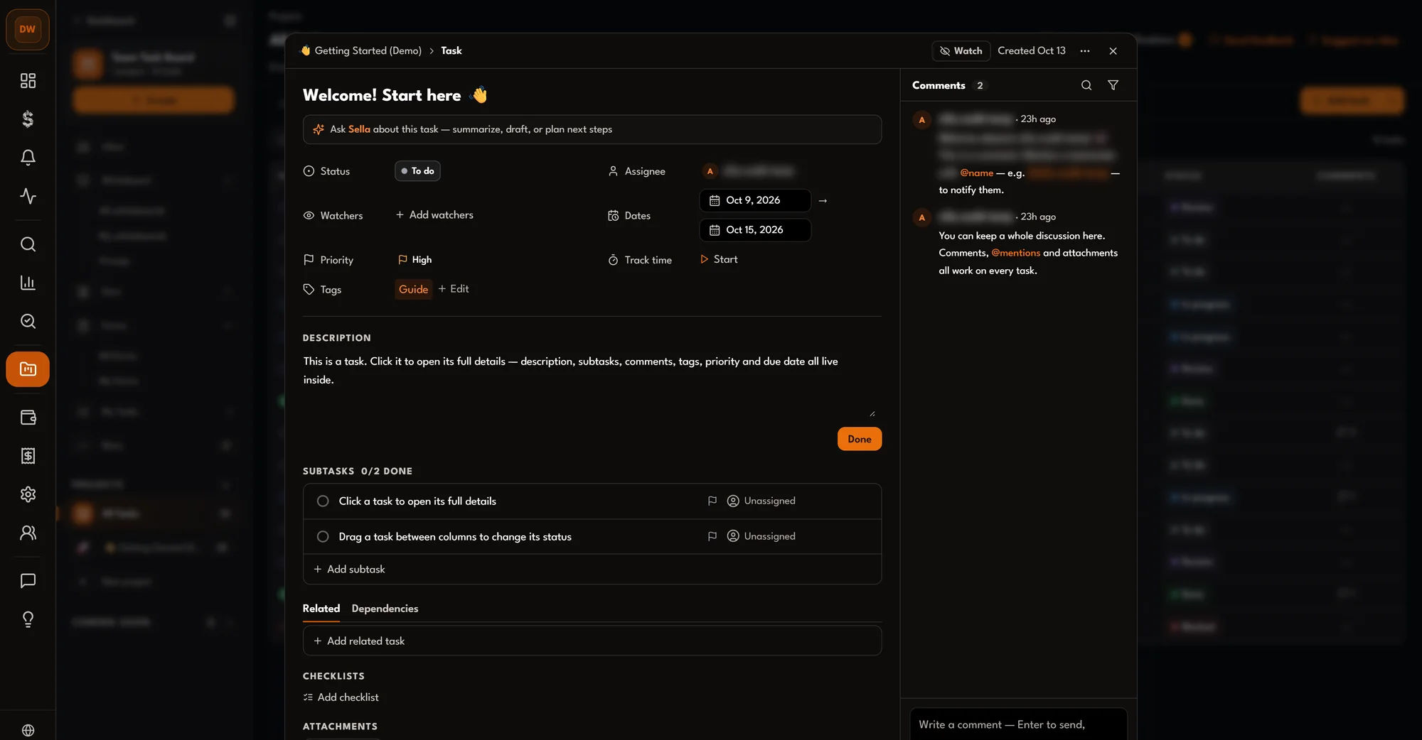 A task opened: status, assignee, watchers, dates, time tracking, priority, tags, description, subtasks, related tasks, dependencies, checklists, attachments and comments.