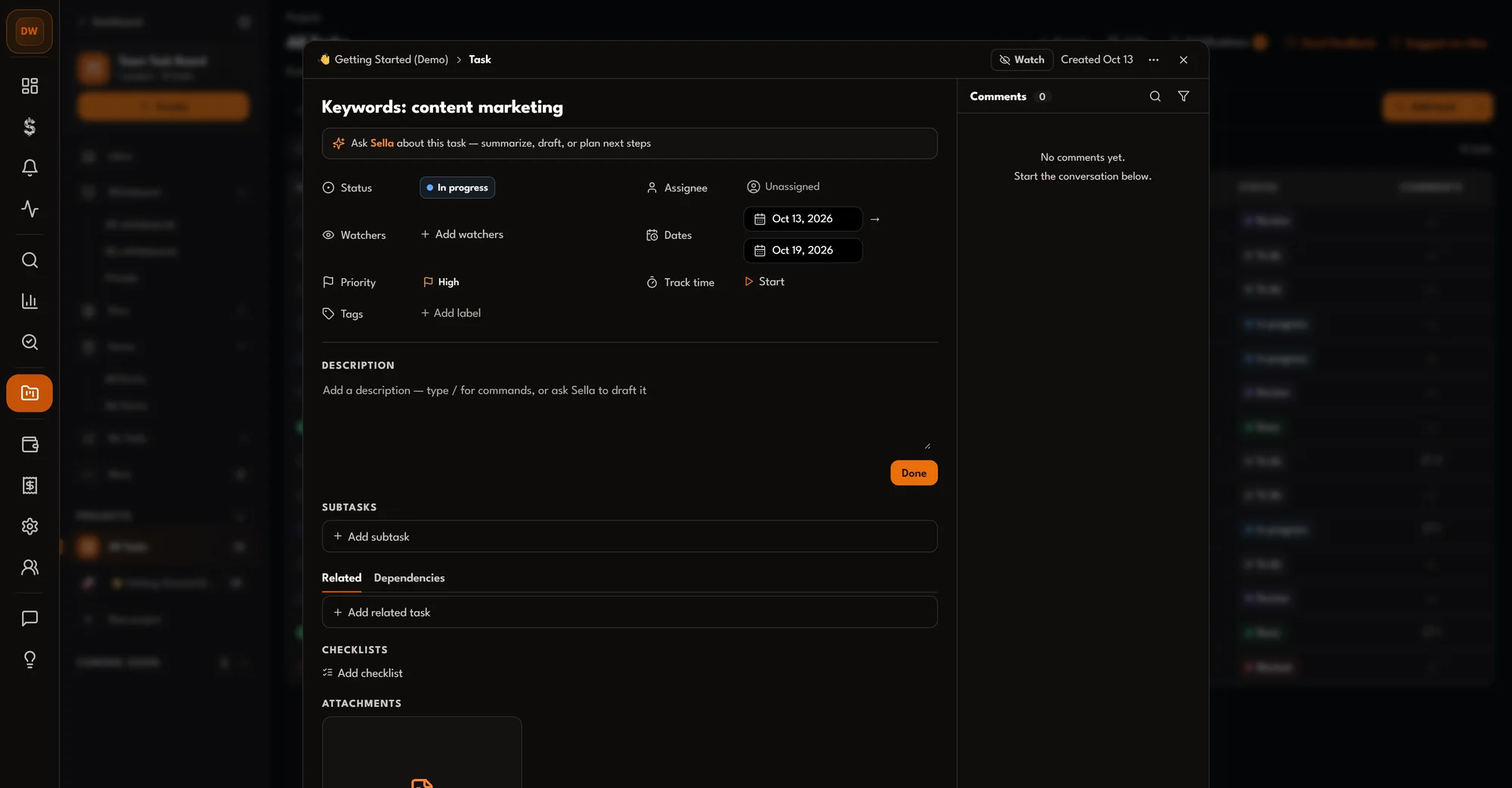 The task created from Keyword Finder, opened, with the keyword list attached as a document.