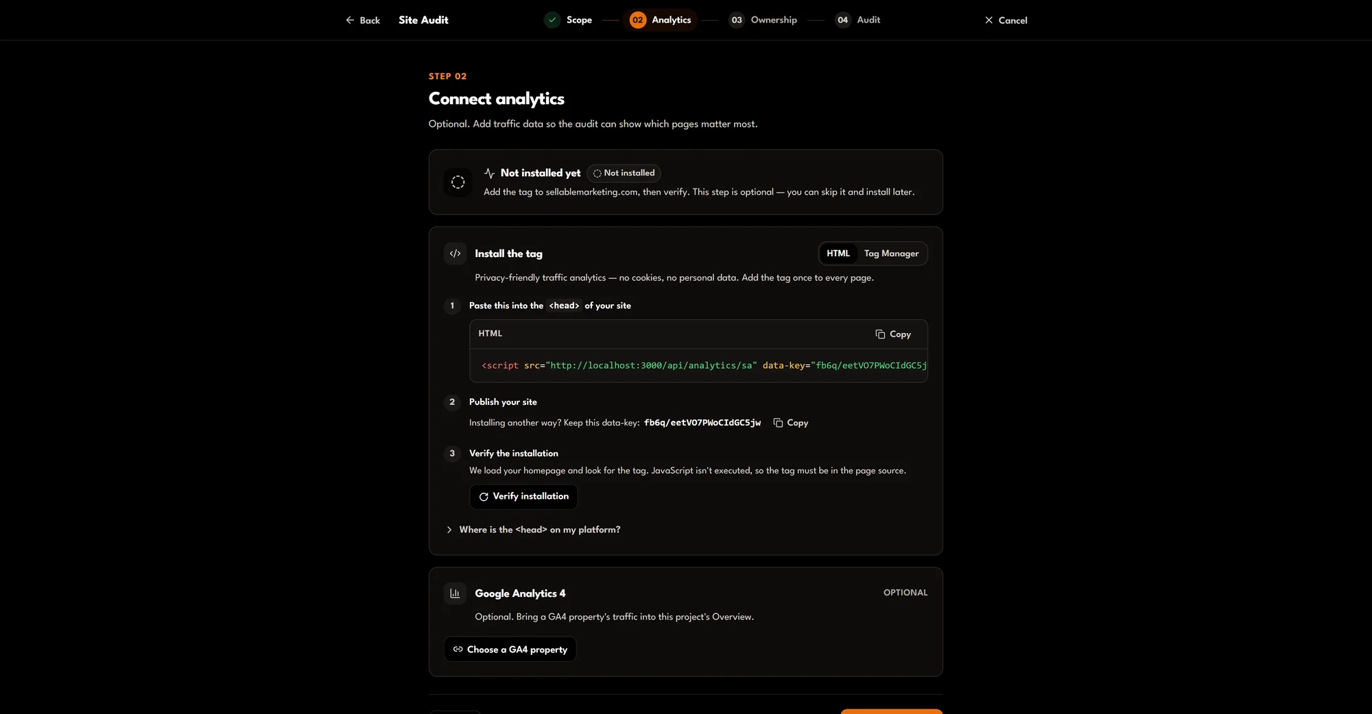 Site Audit setup step 2, Analytics: connect Search Console and Google Analytics, or skip for now.